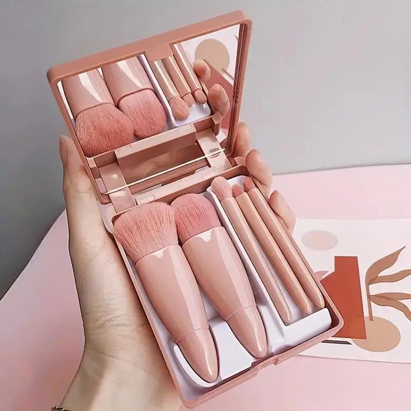 5 - Piece On - the - Go Kit | Soft Pink Makeup Brush Set with Mirror Case - Auré Beauty