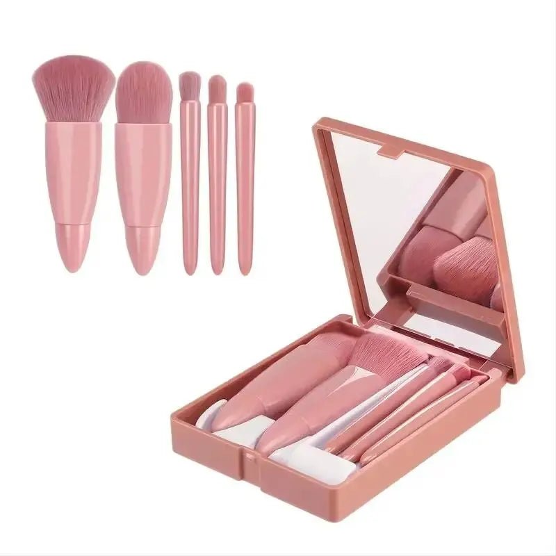 5 - Piece On - the - Go Kit | Soft Pink Makeup Brush Set with Mirror Case - Auré Beauty