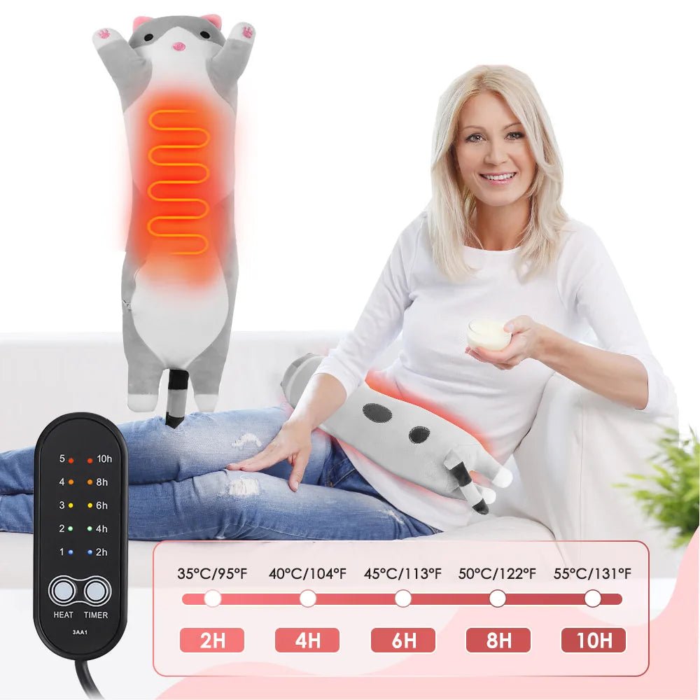 USB Heated Cat Pillow with 5 Heat Levels and Timer | Soft Hot Compress for Period Cramps, Neck and Back Relief - Auré Beauty