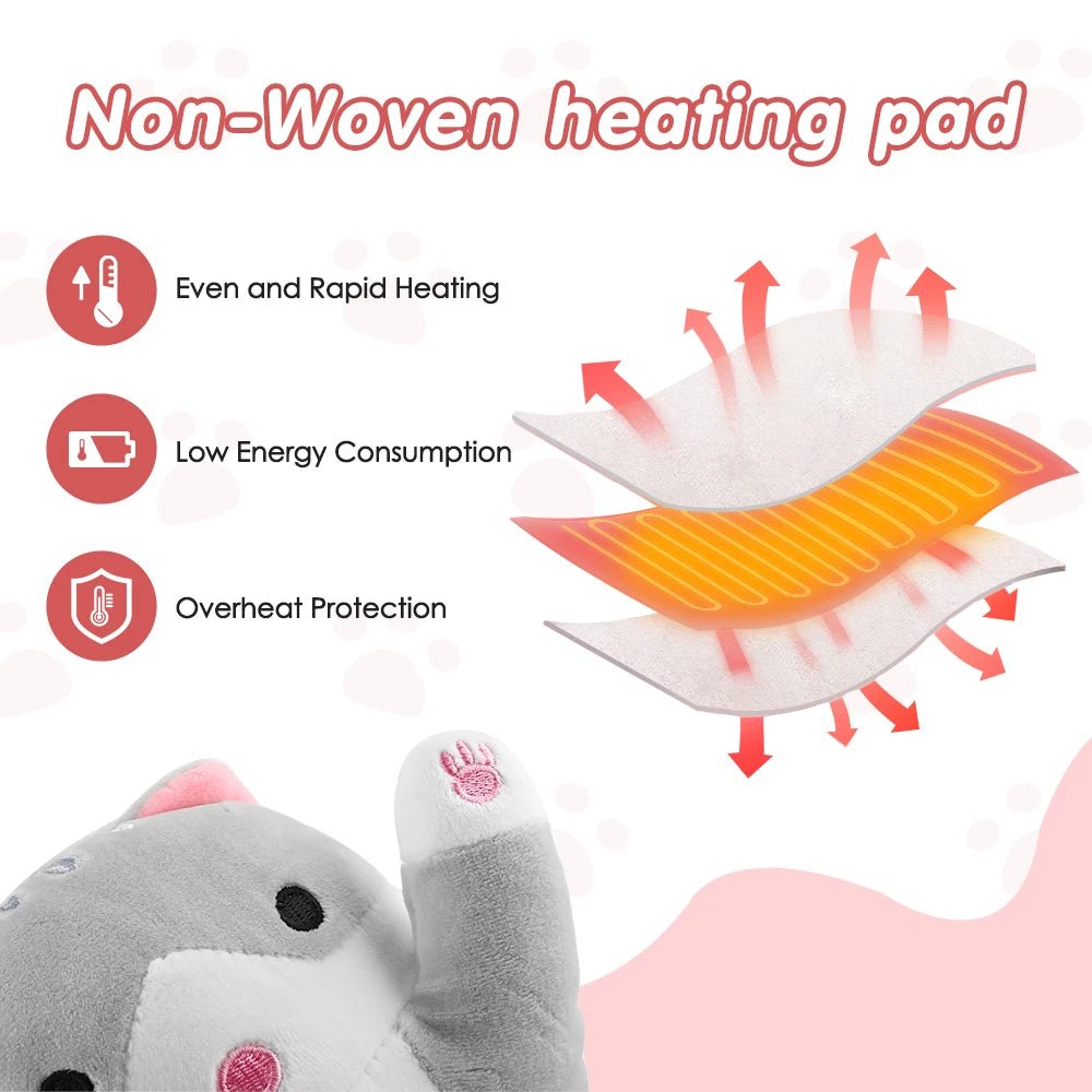 USB Heated Cat Pillow with 5 Heat Levels and Timer | Soft Hot Compress for Period Cramps, Neck and Back Relief - Auré Beauty